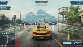 Need for Speed: Most Wanted (PC)Gleich kracht’s: Wer Polizeisperren ohne Geschwindigkeitsverlust durchbrechen will, muss die Lücke treffen.