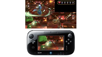 Nintendo LandLink und seine Freunde bekämpfen Monster. Während der Spieler am Wii-U-Controller Pfeil und Bogenhat, schwingt der Rest das Schwert.