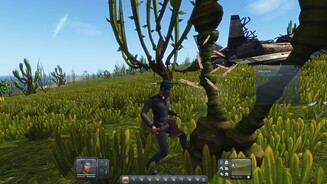 Planet ExplorersDas Ding hier sieht zwar nicht nach einem Baum aus, aber mit unserer Holzaxt (aus Holz) kriegen wir es schon klein.