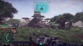 Planetside 2 - Screenshots aus der PS4-VersionUnser Team will einen feindlichen Außenposten stürmen. Hinter den Felsen haben wir zwei Sunderer-Transporter geparkt, die als Spawnpunkt für unser Team dienen.