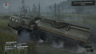 Spintires: MudRunnerDer vierachsige Monster-Truck E-7310 lässt sich kaum aufhalten. Kein Wunder, er wurde früher beim Militär eingesetzt.