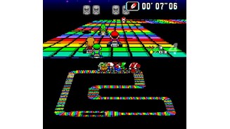 Super Mario KartSieht schön bunt aus, ist aber schrecklich zu fahren: Auf der Rainbow-Road gibt es keine Bande. Jeder Fehler auf der finalen Strecke führt zum Absturz.