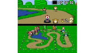 Super Mario KartDen hüpfenden Maulwürfen ausweichen und gleichzeitig Donkey mit einem grünen Panzer abschießen: Schon zu Super-Nintendo-Zeiten ist Multitasking gefragt.