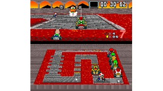 Super Mario KartAuf ein Vollbild müssen wir damals verzichten. Im Einzelspieler-Modus ist stets die Streckenkarte in der unteren Hälfte zu sehen – hier die von Bowsers Castle.