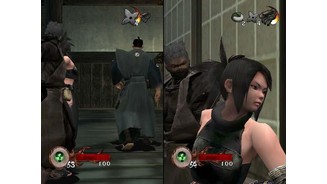 In a split-screen co-op game, Rikimaru are Ayame peek around a corner to watch for an oppurtunity to strike. The objective of this mission is to kill all enemies without being seen.