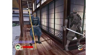 In a new single player stage, Samurai Mansion, Rikimaru looks around a corner waiting for an oppurtunity to sneak past the spear-carrying samurai.