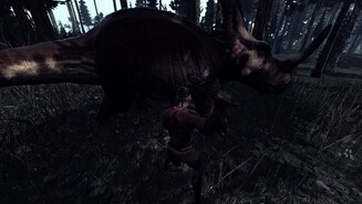 The Stomping Land - Early-Access-ScreenshotsDumme Ideen, Teil 1: Wir greifen einen großen Dinosaurier mit unserer Crafting-Axt an. Das kurze Intermezzo endet nicht zu unseren Gunsten.