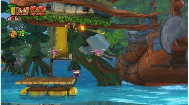 Donkey Kong Country: Tropical FreezeUm an die begehrten Buchstaben und Puzzleteile zu kommen, ist sich Donkey Kong auch für akrobatische Einlagen nicht zu schade.