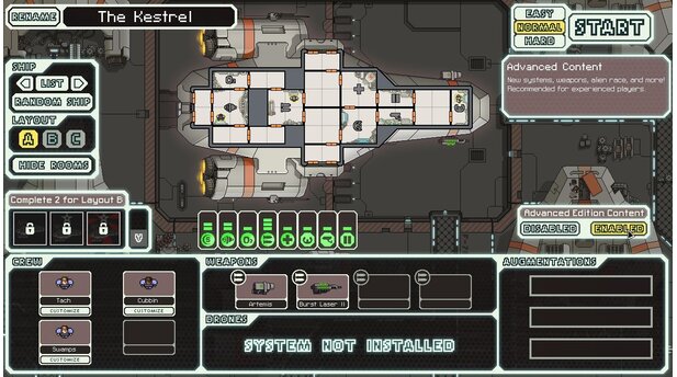 FTL: Faster Than Light - Advanced EditionDer Startbildschirm der Advanced Edition: Konservative FTL-Piloten schalten rechts die zusätzlichen Inhalte einfach ab.