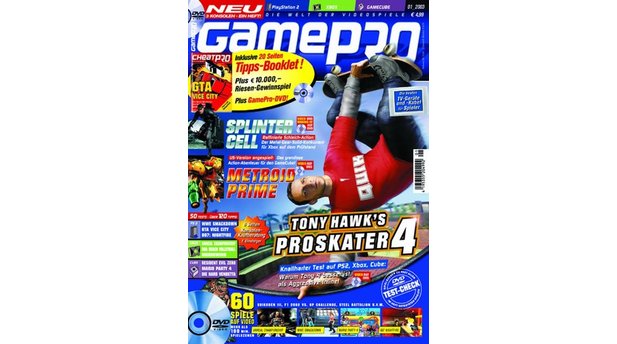 GamePro 012003mit Tony Hawks Pro Skater 4-Titelstory und Tests zu Splinter Cell, GTA Vice City und Morrowind. Außerdem: Previews zu Metroid Prime und Steel Batallion.