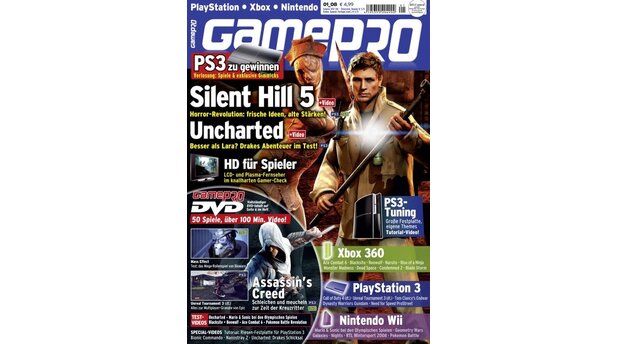 GamePro 012008mit Silent Hill-Titelstory und Tests zu Uncharte, Assassins Creed und Mass Effect. Außerdem: Previews zu Endwar, Unreal Turnament 3 und Geheimakte Tunguska.