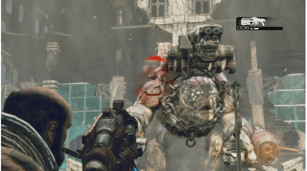 Gears of War 3: RAAMs ShadowDieser Brumak bricht durch ein Hochhaus, um euch die Qualle aus dem Drömel zu ballern.