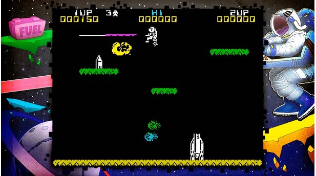 Jetpac (ZX-Spectrum, 1983)
Simples Geschicklichkeitsspiel, in dem ein Astronaut seine modulare Rakete zusammenbauen und heranrauschenden Gesteinsbrocken ausweichen muss.
Wertung: * von ***