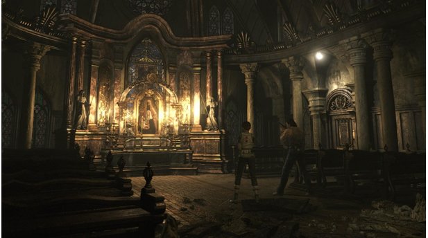 Resident Evil Zero RemasteredAuch Gotteshäuser bieten den beiden Partnern wider Willen keine Zuflucht vor den Untoten. Wir kämpfen ja nicht gegen Vampire!