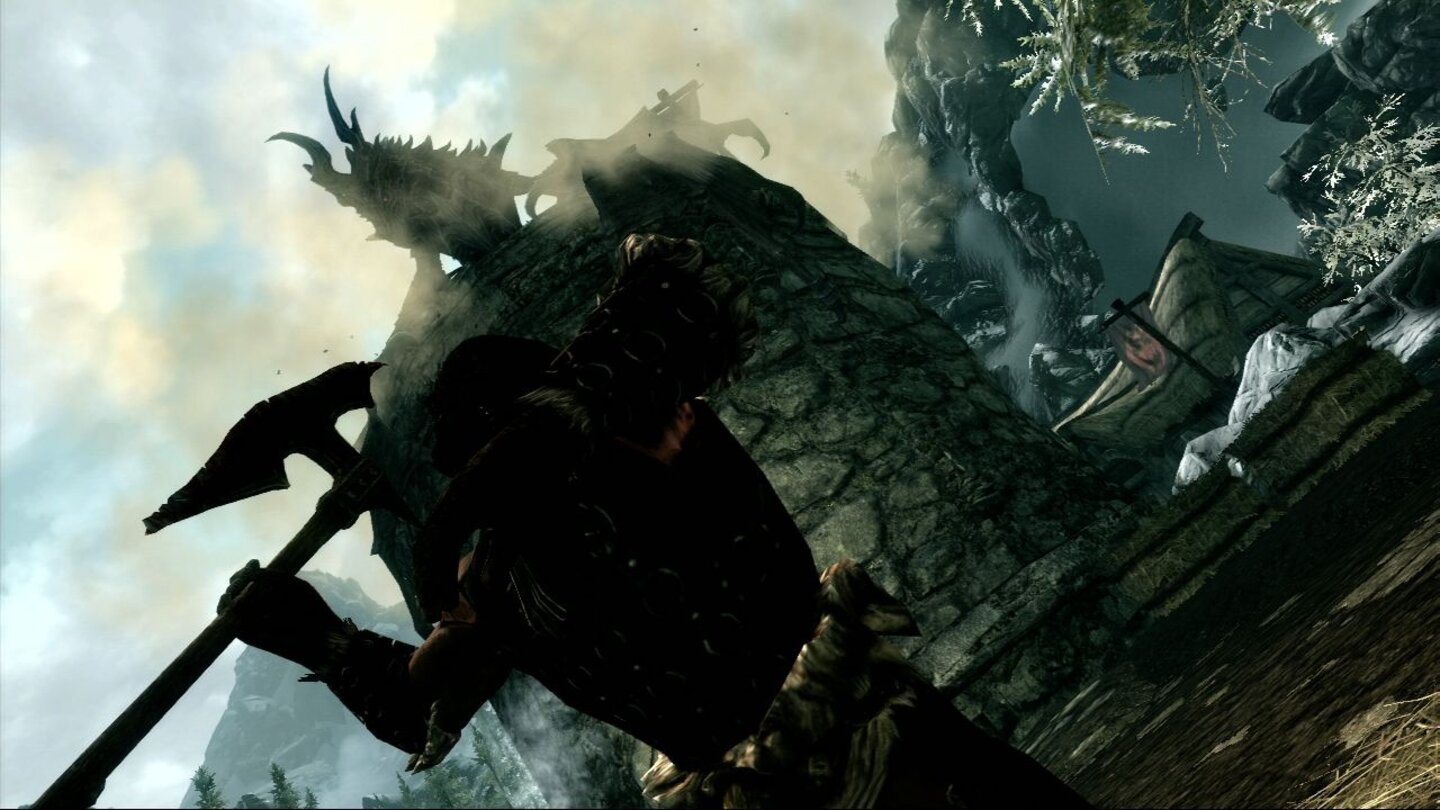 The Elder Scrolls 5: Skyrim - DurchgespieltWir sind an der Reihe, erhalten aber durch eine Schicksalsfügung die Rettung durch einen Drachen, der plötzlich und mit unbändiger Macht über Helgen hineinbricht und Steine zerschmettert, als wären sie aus Papier. Drachen waren doch Legenden, die man sich erzählte...