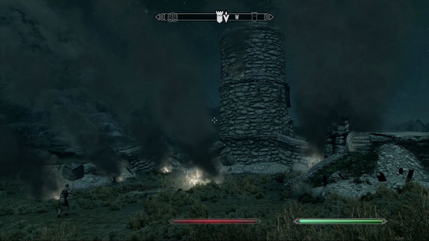 The Elder Scrolls 5: Skyrim - DurchgespieltJedoch wurden wir einer größeren Aufgabe zugewiesen. Vom Jarl höchstpersönlich werden wir mitsamt einer elitären Garde zum Wachturm beordert, weil dort ein weiterer Drachenangriff gesichtet worden sein will. Vor Ort sieht man die Spuren der Flugechse deutlich. Der Turm wurde stark attackiert, doch fehlt der Verursacher…