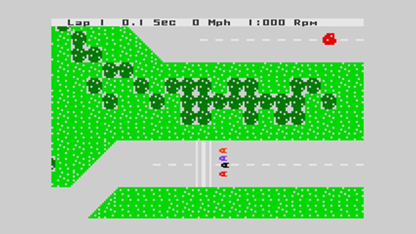 Formula 1 (1982)Ein Formel-1-Spiel? Von Sid Meier? Ja, allerdings abermals ein sehr arcadiges, aus der Vogelperspektive lenkt man vier kleine Pixelboliden.