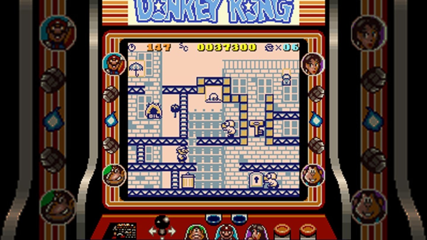 Donkey Kong (Game Boy, 1994)
Donkey Kong erschien 1994 das erste Mal auf dem Game Boy. Im Spiel sind neben den vier Levels des Ur-Donkey-Kongs auch 96 weitere Levels enthalten, wieder ist Mario der spielbare Protagonist und muss Pauline vor Donkey Kong und Donkey Kong Junior retten. Beim Gamedesign hatte man sich hingegen vom Original gelöst und es mit Super Mario Bros. 2 vermischt.