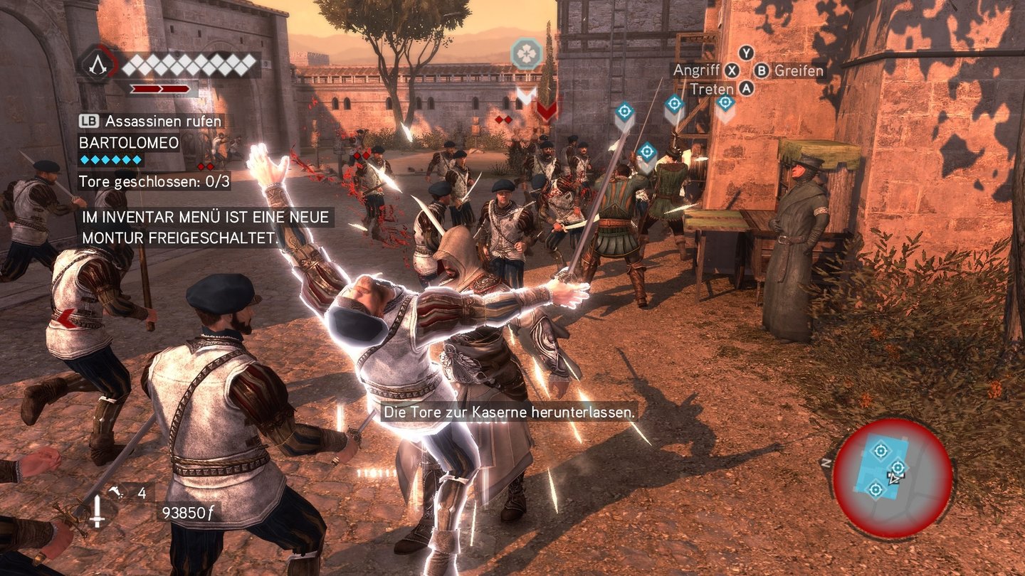 Assassin's Creed: Brotherhood... mal weniger heimlichen. Hier bekämpft Ezio einen Trupp französischer Soldaten. Und zwar in ...