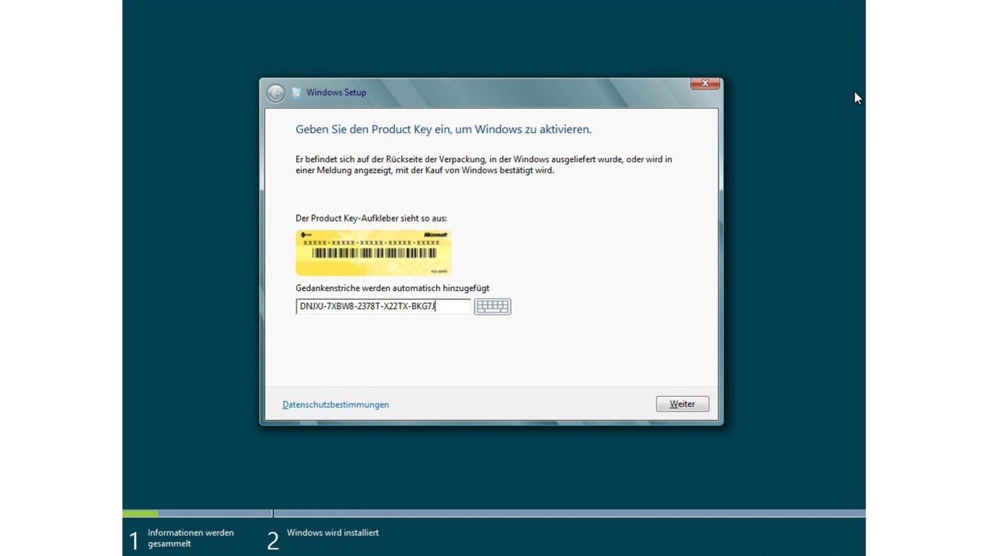 … die mit der Eingabe des Product-Keys beginnt. Dieser ist für die Windows 8 Consumer Preview egal in welcher (Sprach-) Version einheitlich und lautet DNJXJ-7XBW8-2378T-X22TX-BKG7J.
