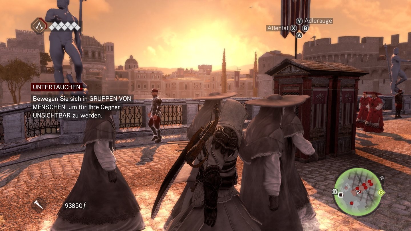 Assassin's Creed: Brotherhood... hier etwa schleicht Ezio in einer Priestergruppe gen Engelsburg, im Hintergrund der Petersdom. Seine Story...