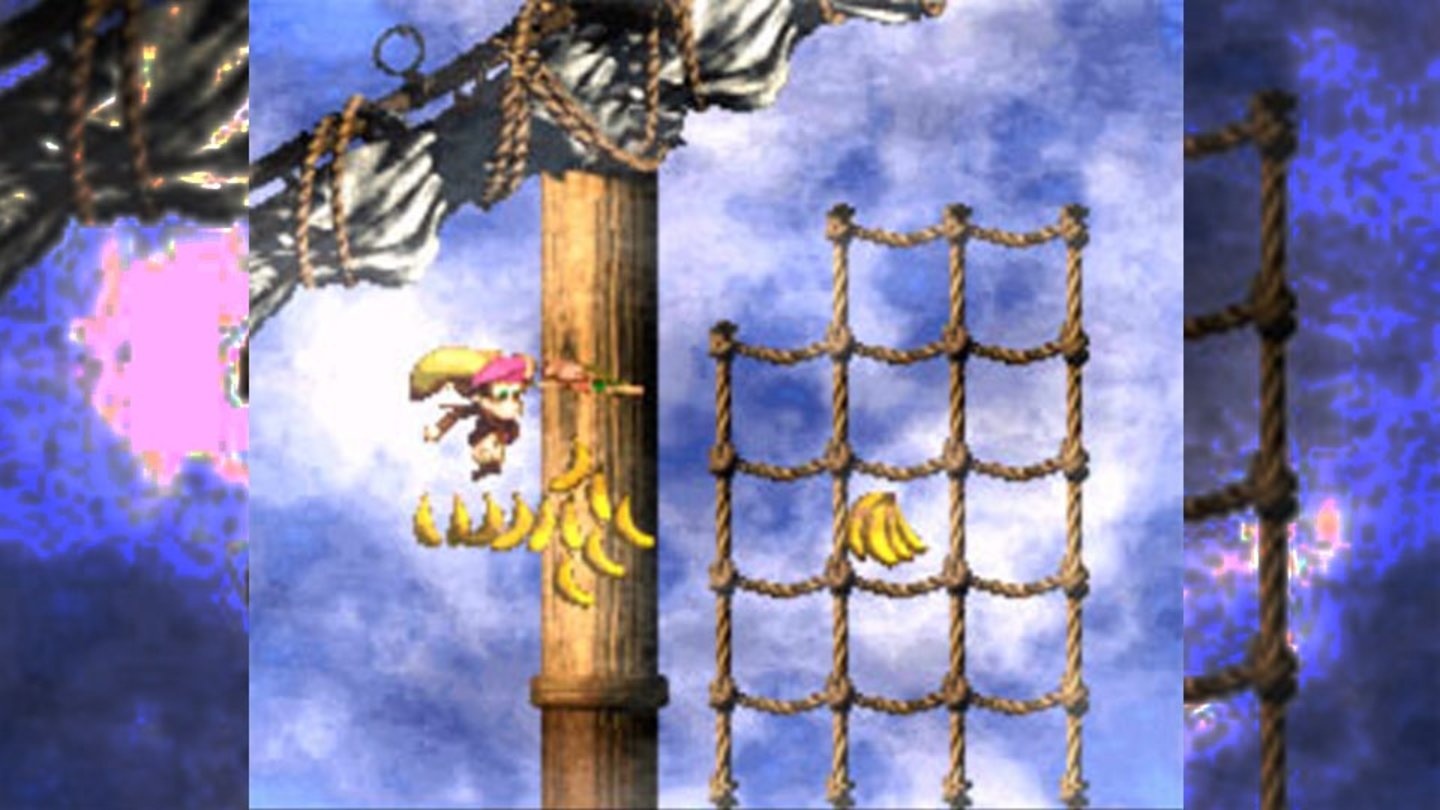 Donkey Kong Country 2: Diddy’s Kong Quest (SNES, 1995)
Kapitän K. Rool hat Donkey Kong enführt, Diddy und Dixie Kong starten eine Rettungsaktion. In acht Themenwelten springen die beiden dabei über die Crocodile Island.
Neben Story und Charakteren hat sich am Gameplay wenig verändert, für ein paar neue Features wie neuen Tierbegleitern verschwanden Andere wie das Balancieren auf Fässern.