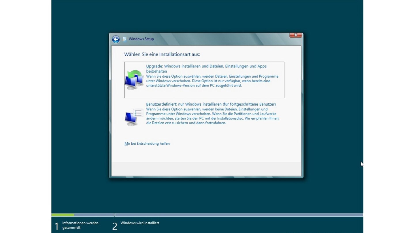 .. die Wahl, ein Upgrade einer bereits vorhandenen Windows 7 beziehungsweise Windows Vista Version vorzunehmen oder Windows 8 benutzerdefiniert zu installieren. Bei der Preview sollten Sie sich definitiv für letzteres entscheiden.
