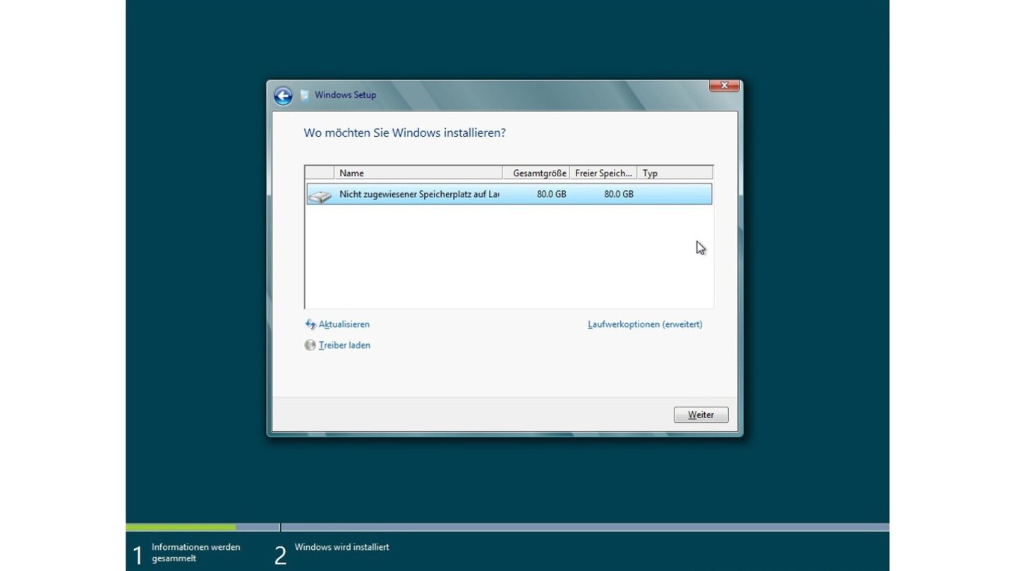 Im nächsten Schritt wählen Sie die Festplatte aus, auf der Sie Windows 8 installieren möchten. Bei einem Klick auf »Weiter« …