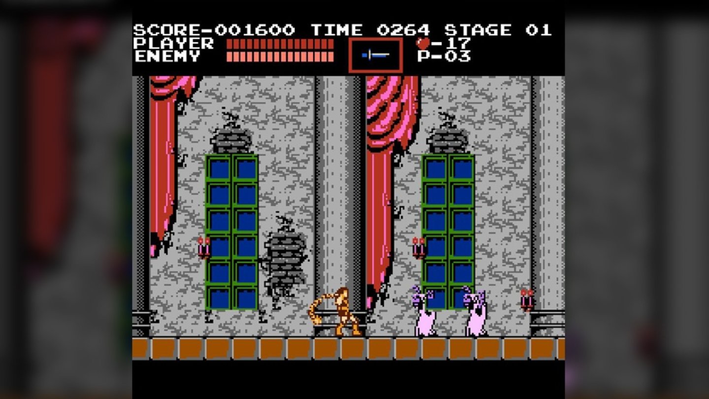 Castlevania (NES, 1986)
Castlevania erschien 1986 für das NES und war ein für die damalige Zeit typischer Platformer. Als Vampirjäger Simon Belmont schickt sich der Spieler an, im Jahr 1691 Graf Dracula in seinem eigenen Schloss, dem Castlevania, zu vernichten.
Dabei müssen Sprungpassagen genauso gemeistert werden wie die Kämpfe gegen Fledermäuse, Skelette und Co. Bis zum Vampirfürsten stellen sich zudem noch eine Reihe von Bossen in Simons Weg, beispielweise Frankensteins Monster. Das Arsenal des Vampirjägers ist dabei schon damals recht beachtlich: Neben der Peitsche als Hauptwaffe kommen Weihwasser, Dolch, Wurfäxte, eine Taschenuhr und ein heiliges Kreuz zum Einsatz.
Später wurden weitere Versionen veröffentlicht, die nur leicht veränderte Portierungen für C64, Gameboy, Amiga, MS-Dos und so weiter waren.