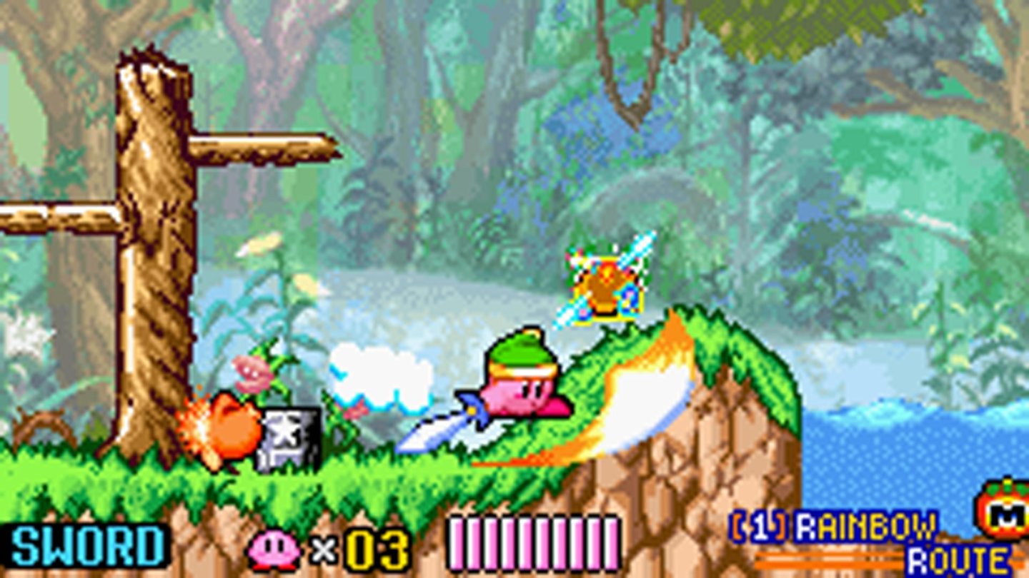Kirby & the Amazing Mirror (Game Boy Advance, 2004)In Kirby & the Amazing Mirror gibt es nicht nur einen pinken Helden sondern gleich vier. Zu Beginn des Spiels zerteilt der böse Doppelgänger von Meta Knight den pinken Helden in vier unterschiedlich bunte Helden. Dark Meta Knight verschwindet daraufhin in die Spiegelwelt. Die vier Kirbys folgen der bösen Version des Ritters und versuchen die Spiegelwelt und den guten Meta Knight zu retten.
Spielerisch ist Kirby & the Amazing Mirror wieder ein Plattformer. Allerdings unterteilt sich die Spielwelt ähnlich wie in modernen Castlevania- und Metroid-Titeln die Spielwelt in mehrere Bereiche, in die Kirby nur durch neue Fähigkeiten gelangen kann. Um neue Fähigkeiten freizuschalten, musst der pinke Nimmersatt getreu seiner verfressenen Natur die Bosse des Spiels einsaugen.