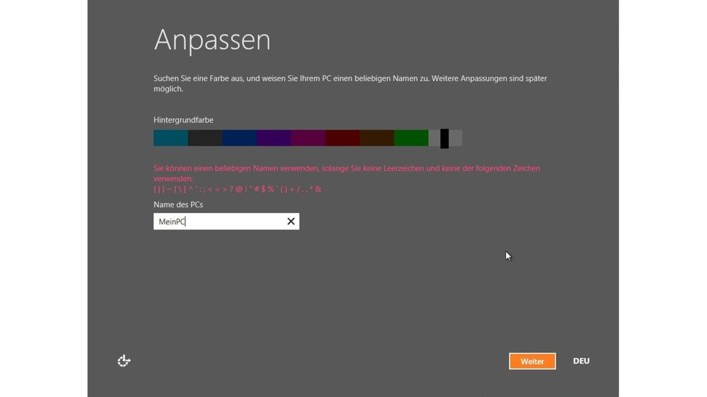 Die Hintergrundfarbe ändert auch das Farbschema der Schrift beziehungsweise der Buttons. Fehleingaben quittiert Windows 8 mit einem kleinen Hinweis.