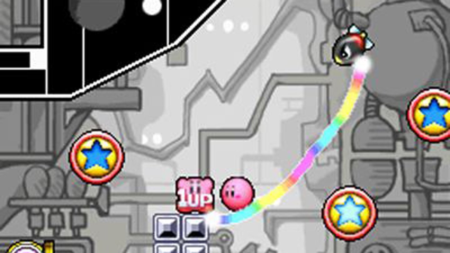 Kirby: Power Paintbrush (Nintendo DS, 2005)Im Debüt-Eintrag der Kirby-Serie auf dem Nintendo DS hat HAL ein Spielprinzip um den Touch-Screen entwickelt. Der Spieler steuert nicht Kirby, sondern zeichnet eine Regenbogenlinie, über die Kirby rollen kann oder ihn anstupst. Die Regenbogenlinie kann auch als Schutzschild oder Rampe genutzt werden.
Getreu den früheren Kirby-Spielen kann der pinke Held die Fähigkeiten von Gegner übernehmen. Dafür müssen die Bösewichte mit dem Stylus angetippt und überrollt werden. Am Ende jeder Welt erwartet Kirby auch einer der bekannten Bosse, die der pinke Held in einem Mini-Spiel besiegen muss.
