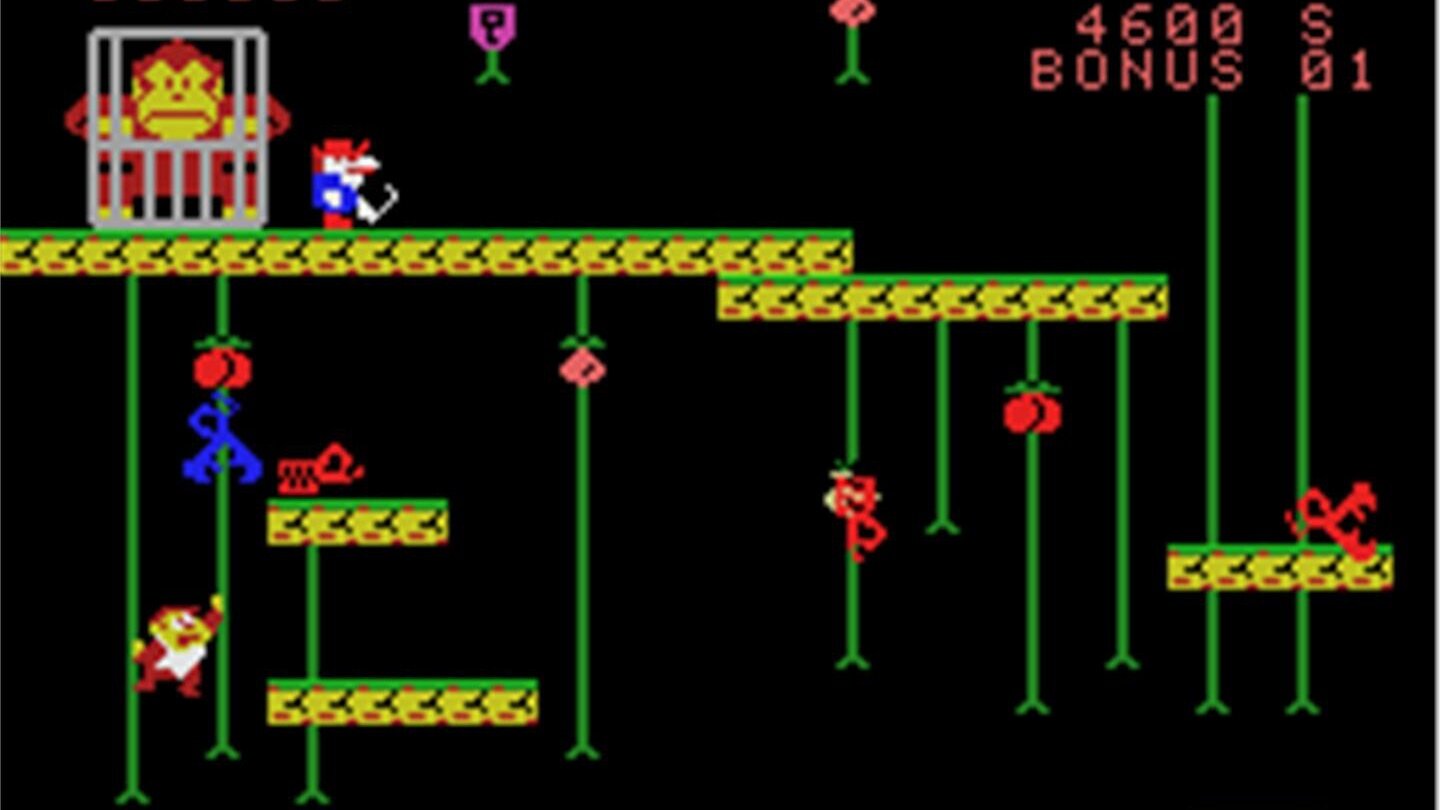 Donkey Kong Jr. (1983)Donkey Kong Jr. ist ein direkter Nachfolger des Arcade-Klassikers Donkey Kong und gibt Mario eine vollkommen neue Rolle: Der bärtige Klempner ist hier der Antagonist. Die Handlung setzt direkt nach Donkey Kong ein; der Oberaffe ist Marios Gefangener – und Held Donkey Kong Jr. muss ihn befreien. Der Titel wurde mehrmals neu aufgelegt, unter anderem für Game & Watch und den Nintendo DSi.