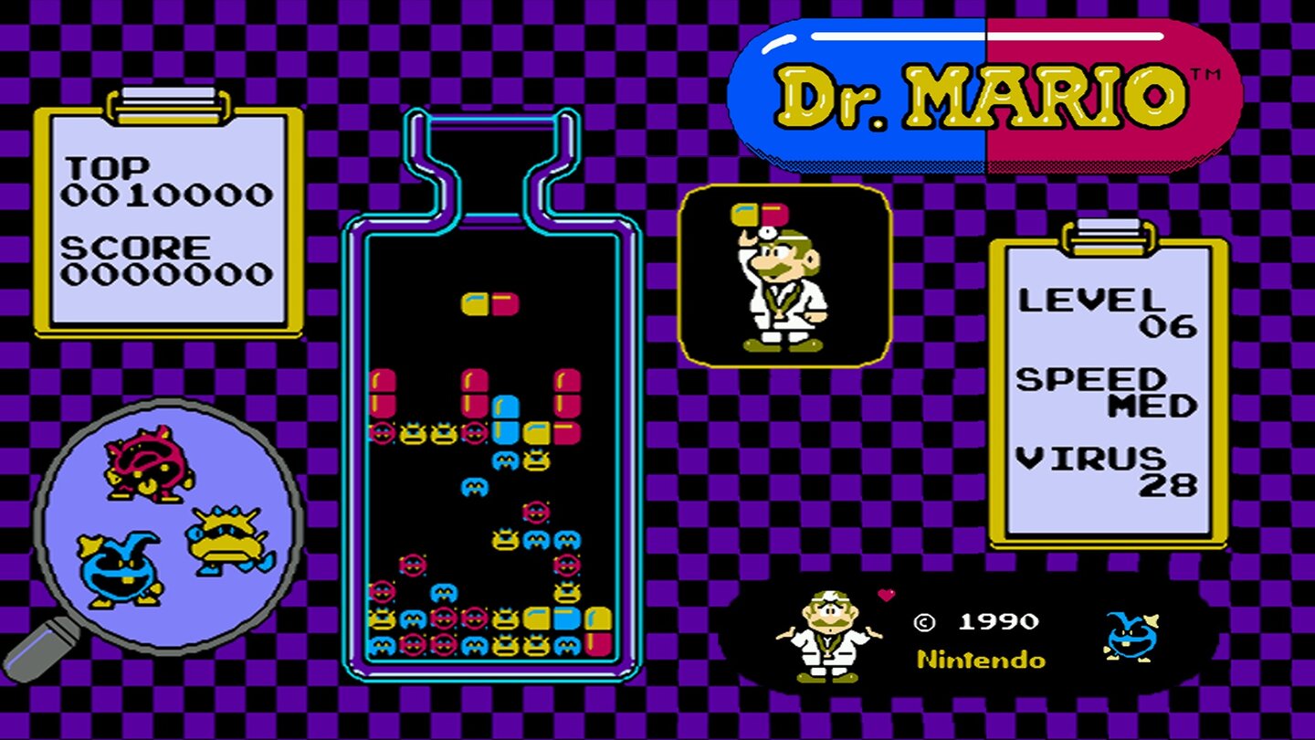 Dr. Mario (1990)Es geht auch ohne Jump&Run. Dr. Mario ist ein Puzzle-Arcade-Spiel im Mario-Stil, das den Spieler als Doktor Viren bekämpfen lässt. Dazu muss man verschiedene bunte Kapseln auf die farblich passenden Viren fallen lassen, die dabei auch noch frech Grimassen schneiden. Das Spielprinzip mit fallenden Blöcken erinnert stark an den Klassiker Tetris. Später gibt es noch zwei Fortsetzungen, die nach demselben Prinzip funktionieren.