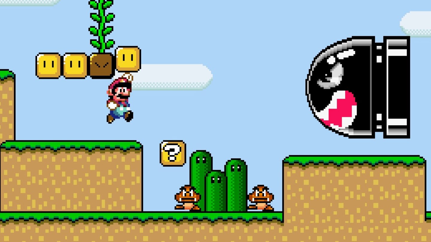 Super Mario World (1990)Mario Schöpfer Shigeru Miyamoto sollte zur Einführung der 16-Bit-Technik mit Super Mario World zeigen, was mit dem Super NES möglich war. Trotz der schickeren Grafik ist die Handlung aber Mario pur, wieder muss die gekidnappte Prinzessin Peach gerettet werden, diesmal allerdings aus den Fängen von Erzfeind Bowser. Zudem wird auch Knuddeldino Yoshi ins Mario Universum eingeführt.