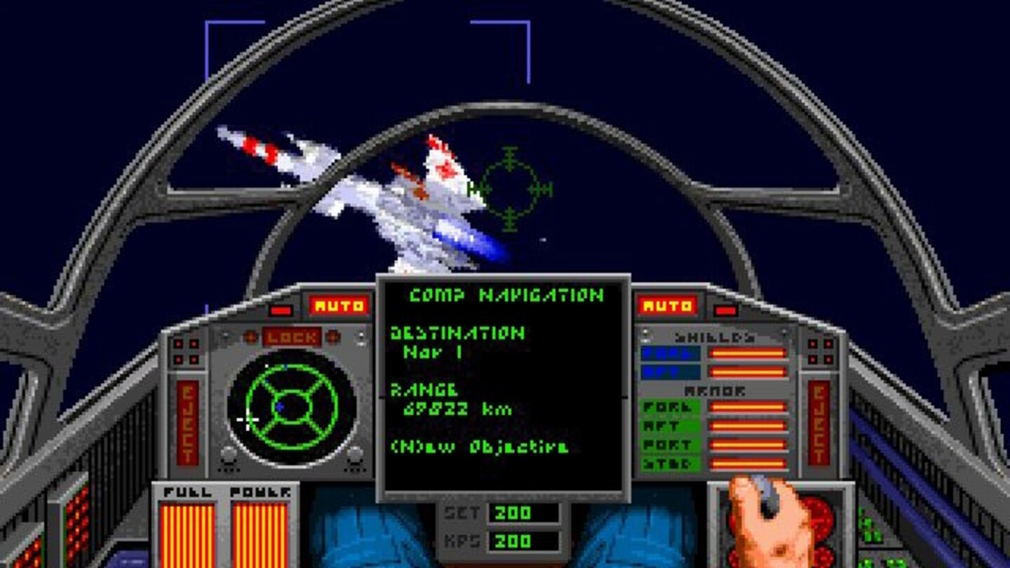 Wing Commander 2 (1991)Nur ein Jahr später hebt Christopher Blair erneut ab. Der zweite Teil der Saga ist ein wenig Stillstand auf sehr hohem Niveau und spielt sich eher wie ein Addon zum ersten Teil: Komplett neue Schiffe, mehr Schwerpunkt auf Torpedo-Angriffe gegen Großkampfschiffe, was wiederum mehr Einsätze Schwerer Jäger und Bomber erfordert. Dafür gibt’s hier erstmals ein separat erhältliches »Speech Pack« - ein Sprachausgabe-Addon.