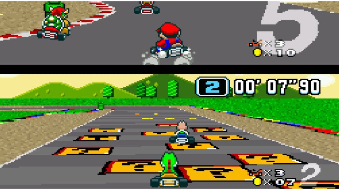 Super Mario Kart (1992)Super Mario Kart ist der erste Teil der beliebten Mario-Kart-Reihe, die wohl schon so manche Freundschaft zerstört haben dürfte. Spieler können hier gegen computergesteuerte Gegner oder andere Spieler Kart-Rennen auf bunten Mario-Strecken fahren. Allerdings waren die Versus-Rennen hier noch auf zwei Spieler beschränkt.