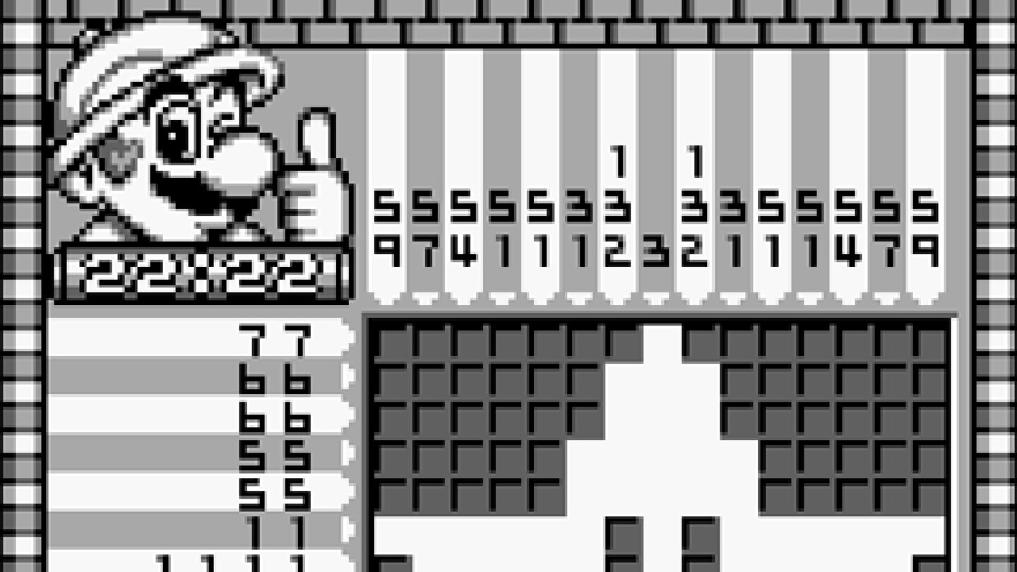 Mario’s Picross (1995)Das Puzzlespiel ist der erste Teil von Nintendos Picross-Reihe. Mario nimmt hier die Rolle eines Archäologen ein und muss versuchen, verschiedene Bildmotive freizulegen. Das Spiel funktioniert dabei nach dem Minesweeper-Prinzip, Zahlen zeigen die Felder an, die der Spieler noch freiräumen darf, und vermutlich leere Felder können markiert werden.