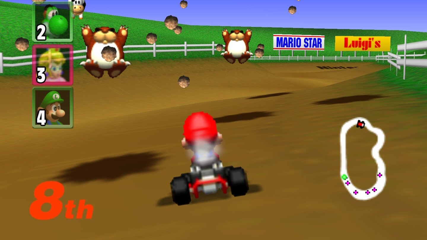 Mario Kart 64 (1996)Auch beim zweiten Mario-Kart-Teil heißt es Gas geben, diesmal sogar in 3D. Der Teil bringt neue spielbare Charaktere, neue Strecken und neue Spielelemente wie das Driften oder Item-Boxen. Die beliebten N64-Strecken wurden außerdem in fast allen folgenden Mario-Kart-Spielen neu aufgelegt.