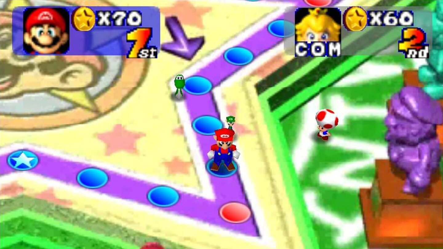Mario Party (1998)Mario Party für die N64 ist der erste Teil der Mario-Party-Reihe. Der Spieler kann hier einen von sechs Charakteren auswählen, die sich dann über ein Brettspiel bewegen. Wie vom Familienspieleabend bekannt, wird auch hier gewürfelt, allerdings gibt es neben sammelbaren Items auch zahlreiche Minispiele.