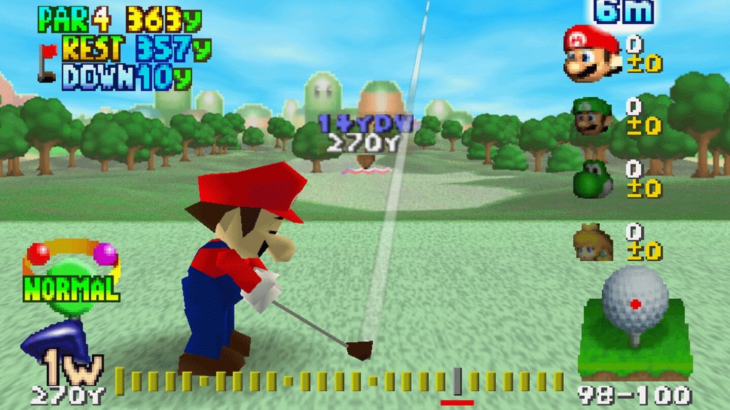 Mario Golf 64 (1999)Zwar gab es schon einmal ein Mario-Golf-Spiel, der richtige Auftakt der Mario-Golf-Serie findet aber auf dem N64 statt. Das Spiel gilt auch als das erste Spiel in der offiziellen Mario-Sport-Serie. Golf ist hier keinesfalls eine Alte-Männer-Sportart, sondern wird gewohnt quietschbunt präsentiert. Schlagstärke und Genauigkeit richten sich dabei nach den jeweiligen Charakterattributen.