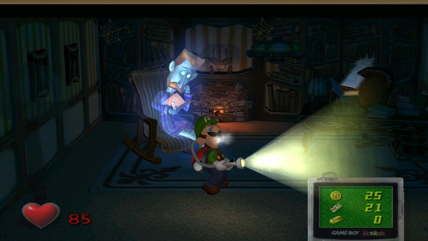 Luigis Mansion (2001)Luigis Gruselhaus war ein Launch-Titel für den GameCube und das zweite Mal, das Luigi die Hauptrolle übernehmen durfte. Auch diesmal muss er seinen Bruder Mario retten, der von King Boo in der Illusion des unheimlichen Hauses gefangen gehalten wird. Zur Seite steht ihm dabei Professor E. Gadd.