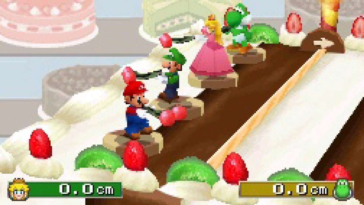 Mario Party DS (2007)Nach Mario Party Advance ist Mario Party DS die zweite Handheld-Fete im Mario-Stil. Einzigartig ist hier, dass die Charaktere geschrumpft wurden und somit in einer für sie riesigen Welt kleine Minispiele bestreiten müssen. Mithilfe der Demofunktion des DS können außerdem bis zu vier Spieler gleichzeitig spielen, wobei nur einer das Spiel besitzen muss.