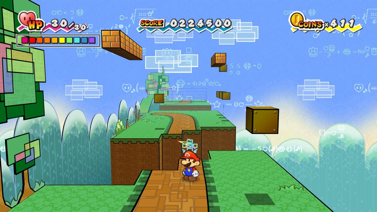 Super Paper Mario (2007)Im Gegensatz zu den Vorgänger mit Rollenspiel-Einschlag ist Super Paper Mario ein 3D-Plattformer. Lediglich die 2D-Papierfiguren bleiben gleich. Auch in den Levels spielt Super Paper Mario immer wieder mit den Dimensionen und lässt den Spieler zwischen einer 2D-Sidescrolleransicht und einer 3D-Perspektive wechseln.