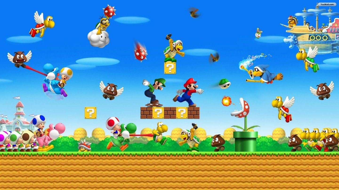 New Super Mario Bros. U (2012)Die neuste Version des 2,5D-Plattformers erschien für die Wii U. Neu sind vor allem die detaillierten Hintergründe und Charaktermodelle. Mit dem Flying Squirrel kommt außerdem ein praktisches Power-Up hinzu, mit dem Mario und Co. ein wenig gleiten und sich an Wänden festhalten können.