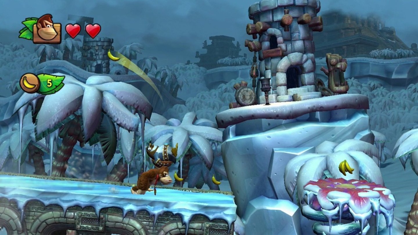 Donkey Kong Country: Tropical Freeze (Wii U, 2014)
2014 erscheint das fünfte Donkey-Kong-Country-Spiel. Darin werden die DK Inseln eingefroren und von nordischen Tieren angegriffen, Donkey, Dixie, Diddy und Cranky Kong schlagen zurück.
Neben der klassischen Platformer-Mechanik kehren Tauchlevels zurück und ein Superangriff wird eingeführt, der alle Gegner auf dem Bildschirm in Items verwandelt und durch gesammelte Bananen aufgeladen wird.