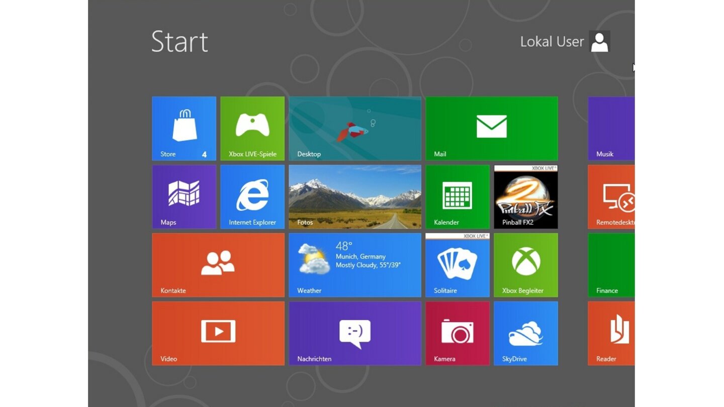 Hier sehen Sie den vollständig geladen Startbildschirm, mit einem anderen Hintergrund. Sie haben die Windows 8 Consumer Preview erfolgreich installiert und eingerichtet.