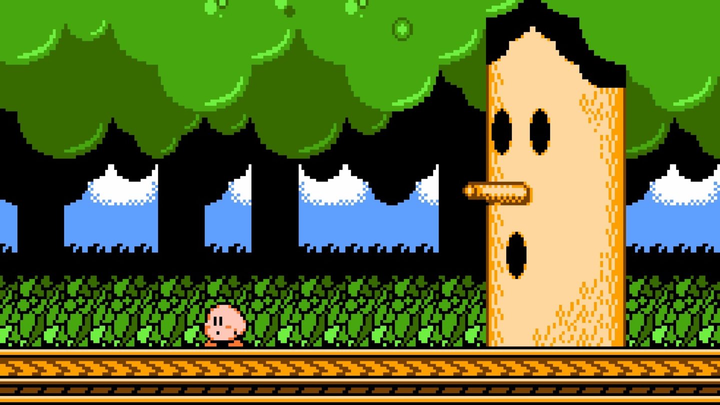 Kirby’s Adventure (Nintendo Entertainment System, 1993)
Kirby’s Adventure war die Debüt-Auftritt des pinken Balls auf dem Nintendo Entertainment System und knüpft an die Mechaniken des Gameboy-Kirbys an. Der Nimmersatt saugt immer noch Gegner ein, kopiert ihre Fähigkeiten und schwebt durch jetzt bunte Level des Dream Land.
Im Kirby’s Adventure hat sich König Nickerchen den Star Rod unter den Nagel gerissen, woraufhin niemand mehr Träumen kann. Der böse König zerbricht den Stab und verteilt die Einzelteile an seine Kumpanen, denen sich Kirby im Laufe seines Abenteuers stellen muss.