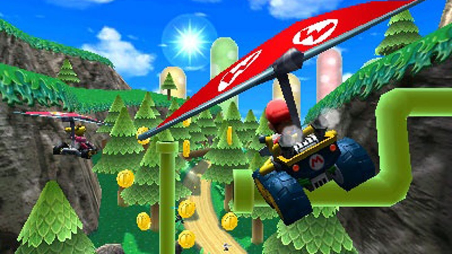 Mario Kart 7 (Nintendo 3DS, 2011) Im siebten Teil des Kart-Racers verlagert sich das Rennspiel ebenfalls in die Luft und ins Wasser: Mario gleitet geschmeidig mit seinem Drachen durch verschiedene Hindernisse, kann aber auch mit dem Kart auf Tauchfahrt gehen. Dazu kann der Spieler die Karts selber zusammenschrauben um die Attribute der Gefährte anzupassen. Zur Auswahl stehen 17 Gehäuse, 10 Reifen und 7 Gleiter. Daraus können insgesamt 1.190 unterschiedliche Karts gebaut werden.
Der Online-Multiplayer schrumpft von 12 Spielern auf acht.