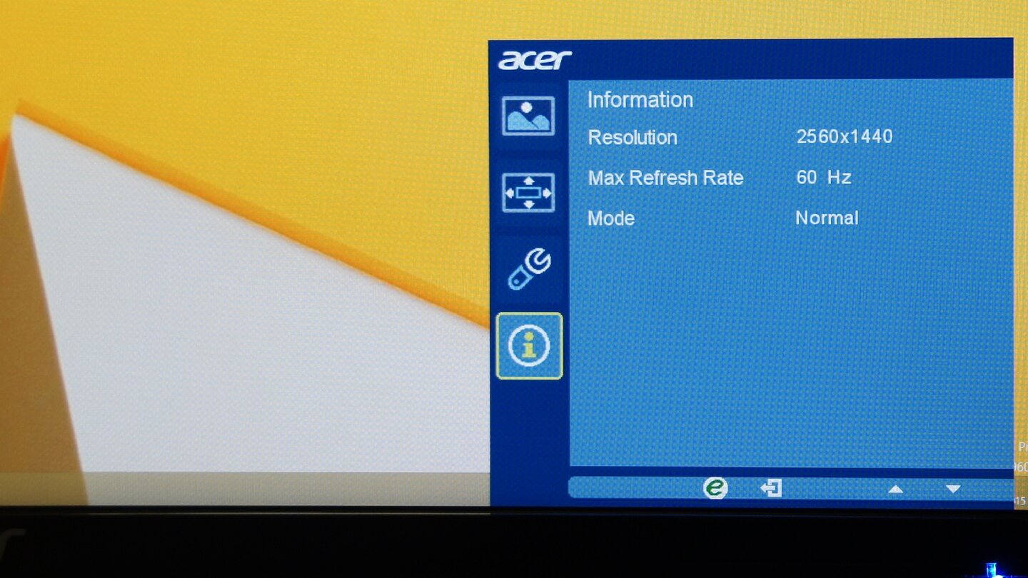 Acer XB270HU – MonitormenüDer letzte Menüpunkt zeigt schließlich die wichtigsten Daten zum aktuellen Monitorbetrieb an. Die maximale Bildwiederholrate kann bis zu 144 Hertz erreichen.